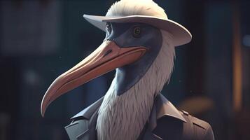 compassionate broken hearted pelican, digital art illustration, photo