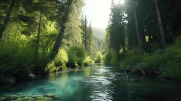 serene river flows into picturesque lake, digital art illustration, photo
