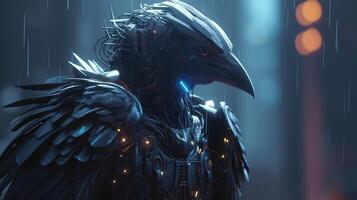 anthropomorphic crow warrior cybernetic, digital art illustration, photo