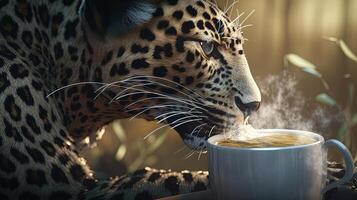 leopard enjoy hot coffee, digital art illustration, photo