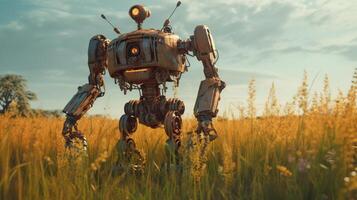 rusty ancient robot in the field, digital art illustration, photo