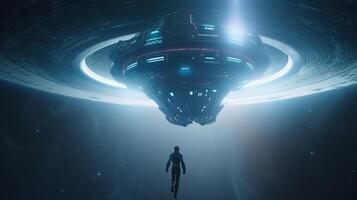 spaceship abducts human, digital art illustration, photo