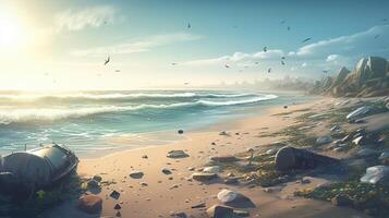 beautiful sunny beach ruined by plastic rub, digital art illustration, photo