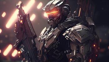 futuristic soldier in battle, digital art illustration, photo