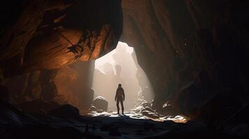 man walking towards the light cave, digital art illustration, photo