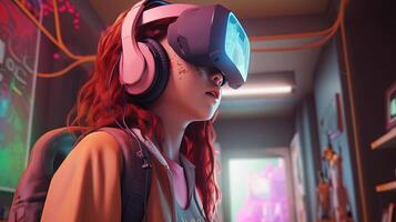 young girl with VR headset, digital art illustration, photo