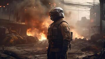 amidst chaos war soldier, digital art illustration, photo