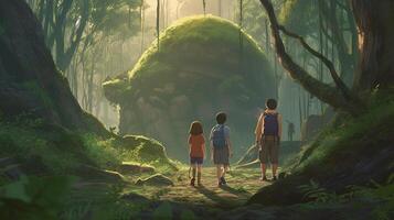 family in nature forest, digital art illustration, photo