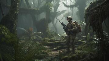soldier maneuvers in jungle terrain, digital art illustration, photo