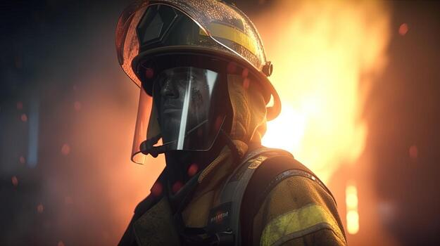 firefighter in the midst of fire sparks and smoke, digital art illustration, photo