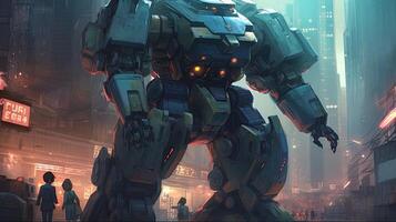person face off giant robot, digital art illustration, photo