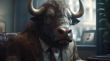 buffalo wearing suit, digital art illustration, photo