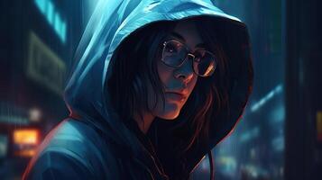 mysterious figure wearing hood and cyber glasses, digital art illustration, photo