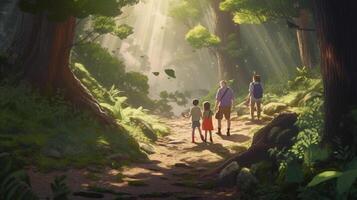 family in nature forest, digital art illustration, photo