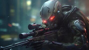 stealthy alien sniper soldier, digital art illustration, photo