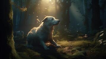 perro en místico bosque, digital Arte ilustración, generativo ai foto