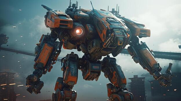 fighting robot on battle, digital art illustration, photo