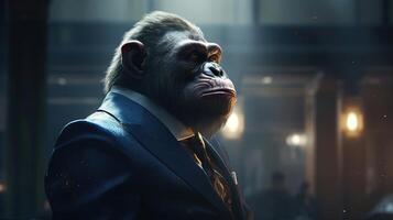 ape wearing suit, digital art illustration, photo