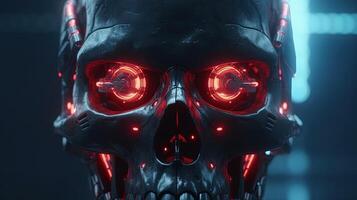 sci fi human skull with glowing red eyes, digital art illustration, photo