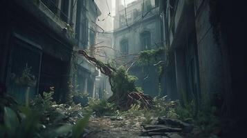 abandoned building with growing plants, digital art illustration, photo