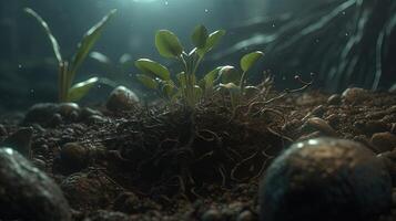 soil with seedling sprouts, digital art illustration, photo