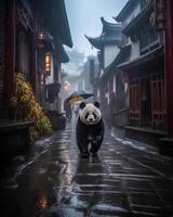 Panda runs in big city. Illustration photo