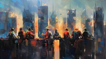 Impressionist painting superheroes in city. Illustration photo