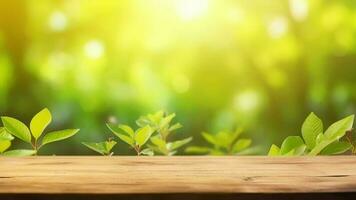 desorientador primavera común establecimiento con verde no usado encantador energizado césped y limpiar de madera mesa en naturaleza Mañana abierto ver en. creativo recurso, vídeo animación video