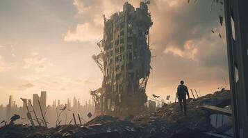 man stands atop crumbling skyscraper, digital art illustration, photo