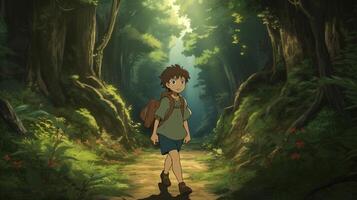 young boy adventure forest, digital art illustration, photo