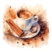 Watercolor coffee with cinnamon. Illustration photo