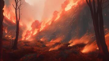 wild flames engulf surroundings, digital art illustration, photo