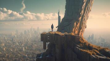 hombre soportes encima desmoronándose rascacielos, digital Arte ilustración, generativo ai foto