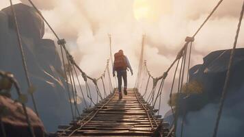 adventurer crosses rope bridge, digital art illustration, photo