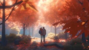 couple embraces in fall park, digital art illustration, photo