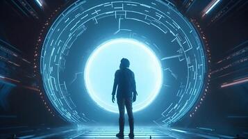 heroic character in futuristic portal, digital art illustration, photo