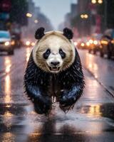 Panda runs in big city. Illustration photo