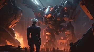 person face off giant robot, digital art illustration, photo