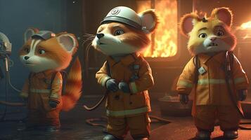 cute animal firefighters, digital art illustration, photo