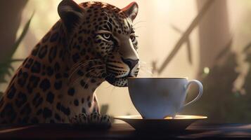 leopard enjoy hot coffee, digital art illustration, photo