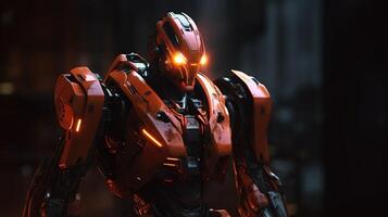 modern robot with fiery red and orange, digital art illustration, photo
