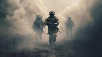 soldiers with rifles on smoke, digital art illustration, photo