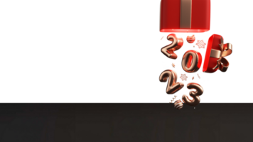 3D Bronze Balloon 2023 Number With Baubles, Snowflakes, Stars Popping Out From Gift Box. png