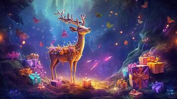 Magic Christmas forest with deer. Illustration photo