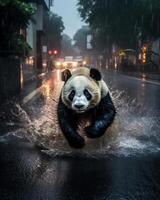 Panda runs in big city. Illustration photo