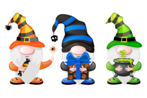 Cartoon Gnomes with with the candy, gift and pot. Halloween leprechaun characters png