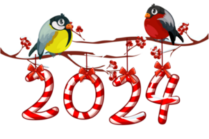 Greeting card or poster Happy New Year 2024 with candy. Cartoon bird tit and bullfinch on branch 2024 png