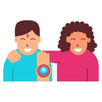 Happiness Young Boy Showing Rakhi Wristband With His Sister On White Background. vector