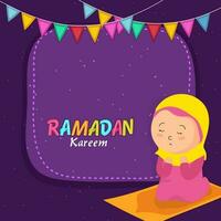 Cute muslim girl offering Namaz Islamic Prayer on occasion of Ramadan Mubarak. Colorful buntings decorated purple background. vector