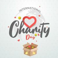 Creative poster or card design with illustration of flying hearts and smiley balls in surprising gift box for International Charity Day. vector